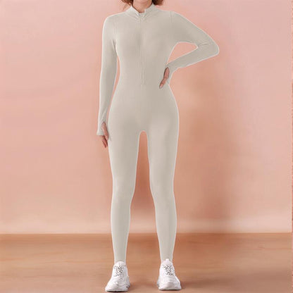 Zip-Up Long-Sleeved Yoga Jumpsuit, Thread Solid Color Slim Fit Fitness Sports Jumpsuit, Women'S Activewear Women'S Clothing