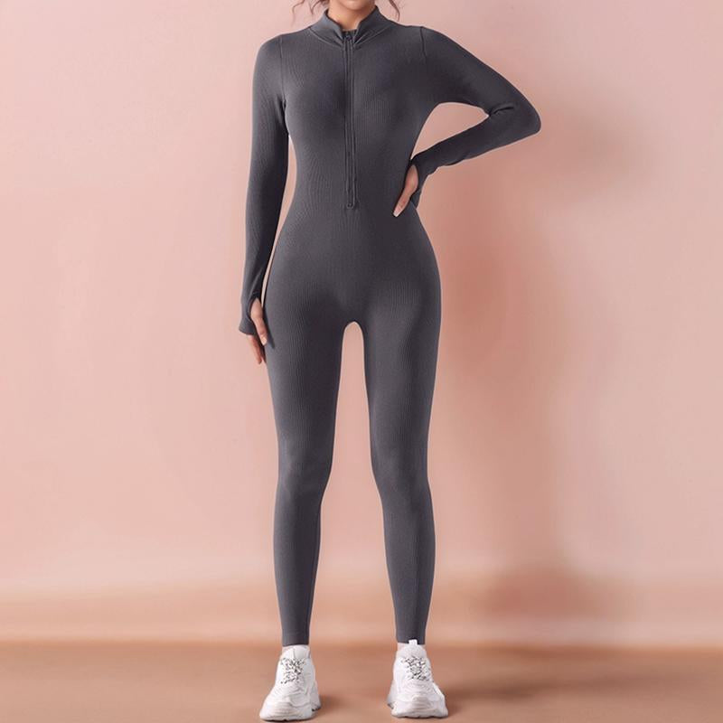 Zip-Up Long-Sleeved Yoga Jumpsuit, Thread Solid Color Slim Fit Fitness Sports Jumpsuit, Women'S Activewear Women'S Clothing