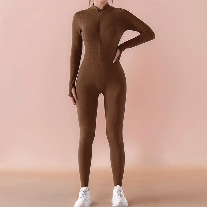 Zip-Up Long-Sleeved Yoga Jumpsuit, Thread Solid Color Slim Fit Fitness Sports Jumpsuit, Women'S Activewear Women'S Clothing