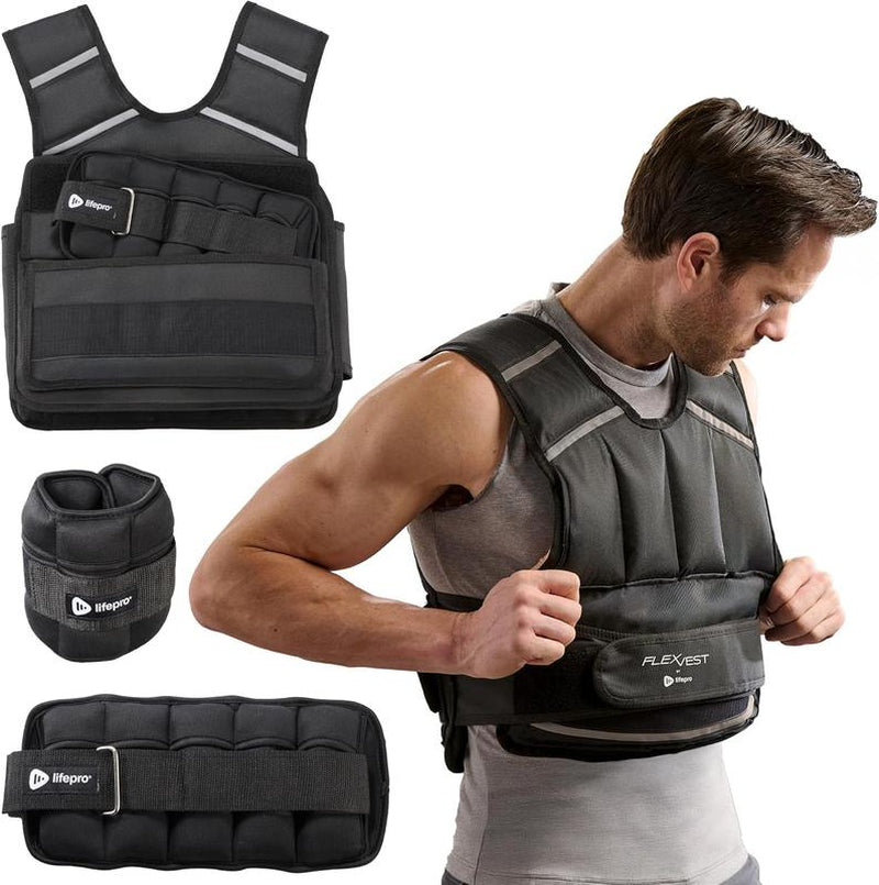 Lifepro 2-In-1 Adjustable Weighted Vest + Ankle Weights (15 & 20Lbs) - Running Weighted Vest for Women & Men with Reflective Stripe, Phone Pocket - Workout Equipment for Strength Training & Fitness