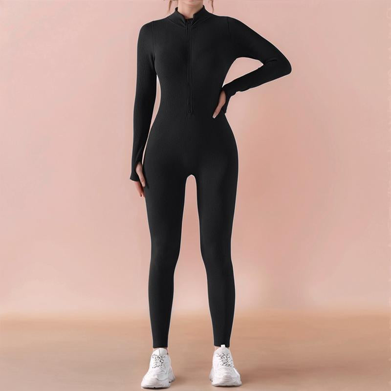 Zip-Up Long-Sleeved Yoga Jumpsuit, Thread Solid Color Slim Fit Fitness Sports Jumpsuit, Women'S Activewear Women'S Clothing