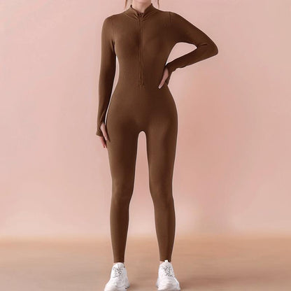 Zip-Up Long-Sleeved Yoga Jumpsuit, Thread Solid Color Slim Fit Fitness Sports Jumpsuit, Women'S Activewear Women'S Clothing