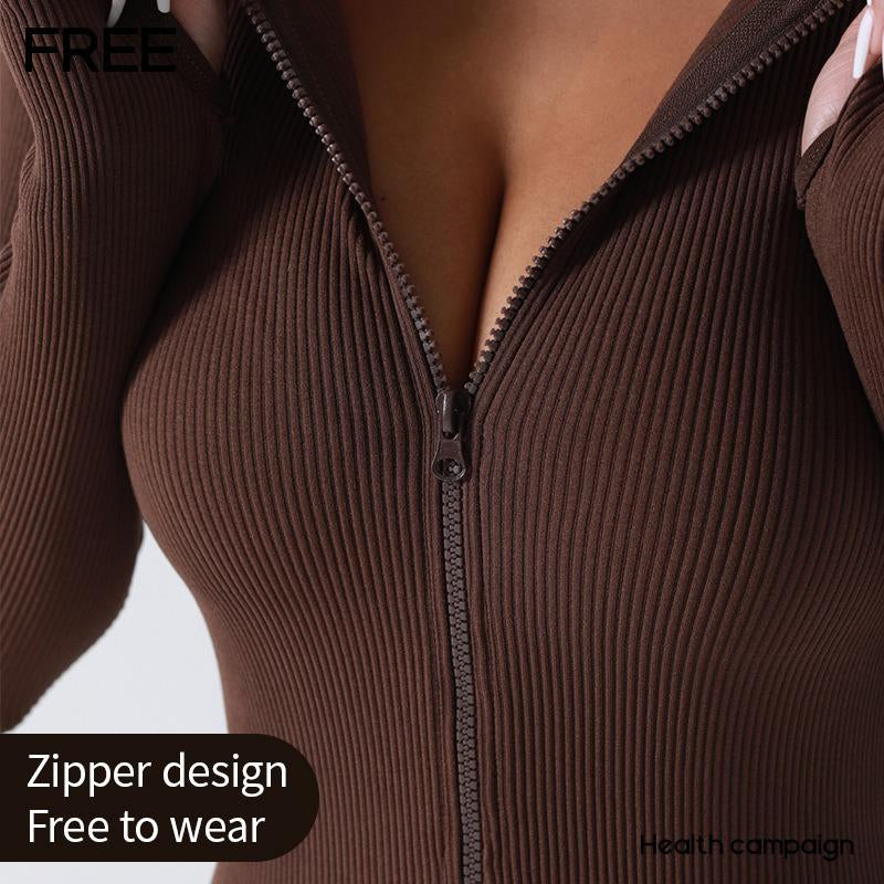 Zip-Up Long-Sleeved Yoga Jumpsuit, Thread Solid Color Slim Fit Fitness Sports Jumpsuit, Women'S Activewear Women'S Clothing