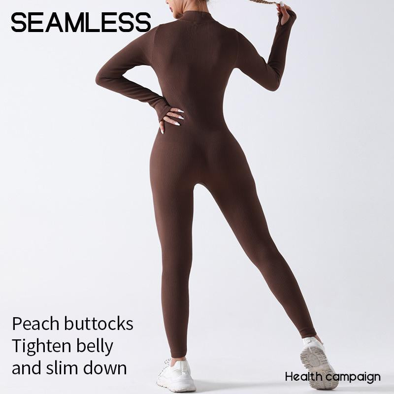 Zip-Up Long-Sleeved Yoga Jumpsuit, Thread Solid Color Slim Fit Fitness Sports Jumpsuit, Women'S Activewear Women'S Clothing