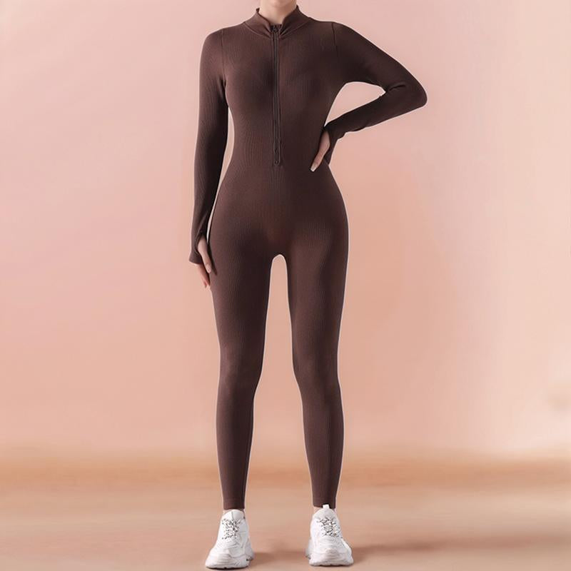 Zip-Up Long-Sleeved Yoga Jumpsuit, Thread Solid Color Slim Fit Fitness Sports Jumpsuit, Women'S Activewear Women'S Clothing